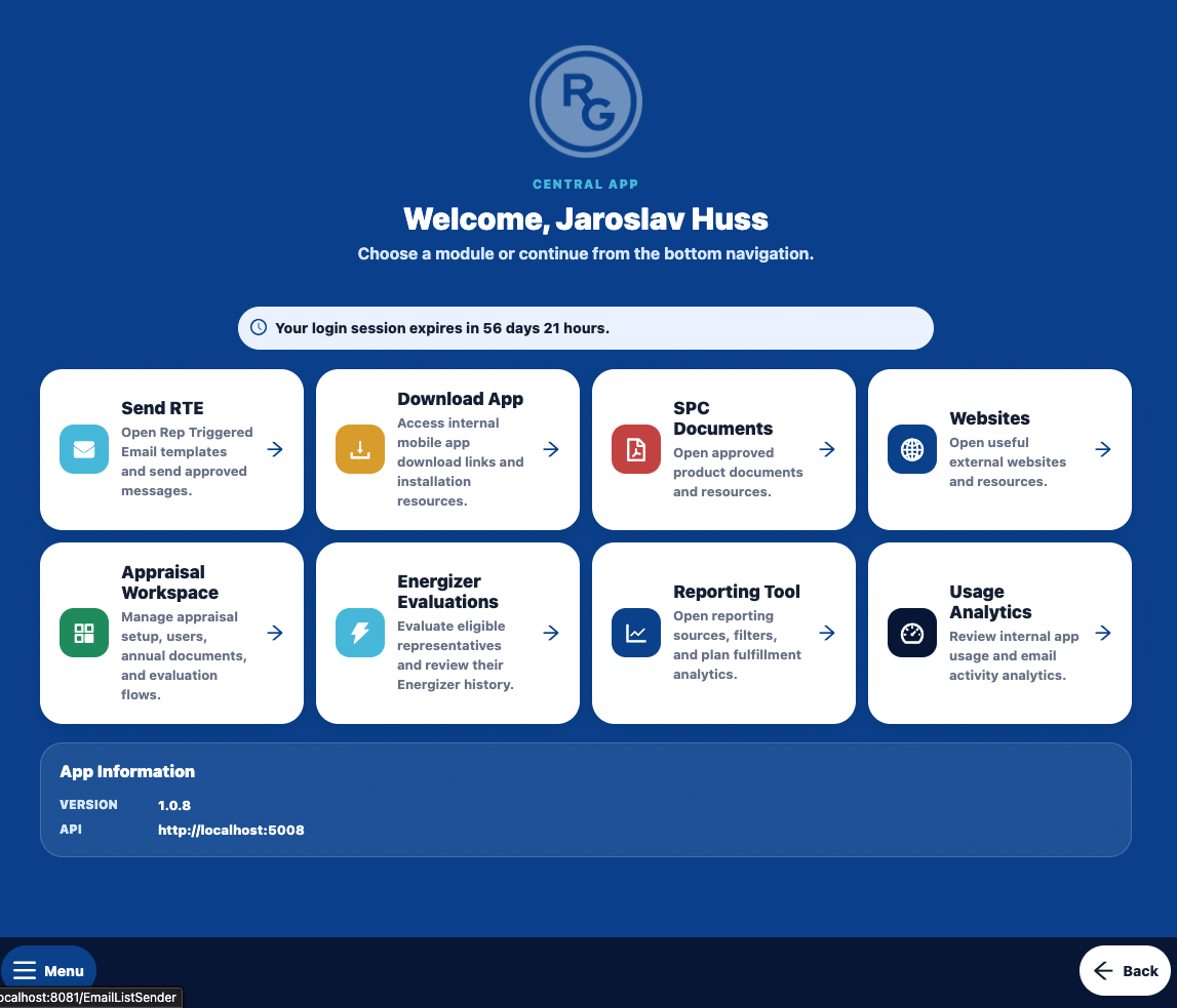 Application initial screen